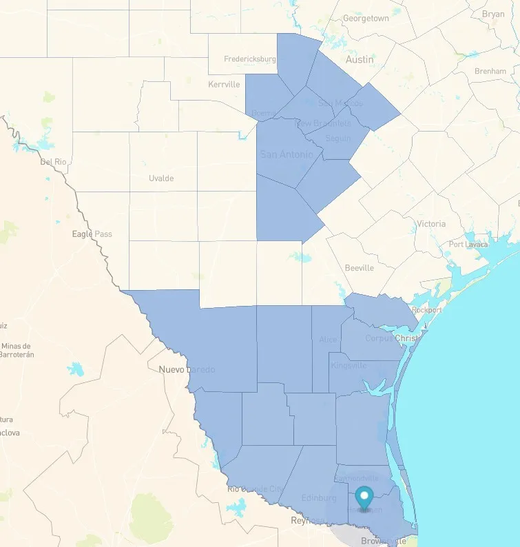 BATE Mechanical coverage map showing service area across the Rio Grande Valley, South Texas, Corpus Christi, and San Antonio